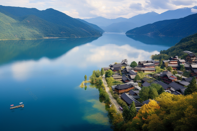 远山清晰的摄影图高清的图片水面湖边的古建筑群绿色树林,高清,摄影图,摄影图片,图片大全,摄影图免费下载